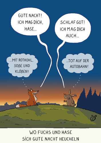 Cartoon: Heuchelei (medium) by Dodenhoff Cartoons tagged idyll,scheinharmonie,krise,ehekrise,hase,fuchs,nacht,naturidyll,kommunikationsprobleme,autobahn,tod,tot,rotkohl,essen,hasenbraten,klöße,soße,wildtiere,auto,verkehrsunfälle,jagdschäden,heimat,einöde,landleben,idyll,scheinharmonie,krise,ehekrise,hase,fuchs,nacht,naturidyll,kommunikationsprobleme,autobahn,tod,tot,rotkohl,essen,hasenbraten,klöße,soße,wildtiere,auto,verkehrsunfälle,jagdschäden,heimat,einöde,landleben