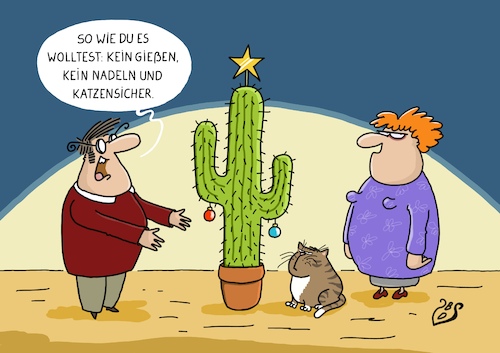 Cartoon: Weihnachtsbaum (medium) by Dodenhoff Cartoons tagged katzensicher,festschmuck,kaktus,ehe,partnerschaft,missverständnis,erwartungen,katzensicher,festschmuck,kaktus,ehe,partnerschaft,missverständnis,erwartungen