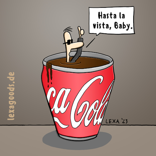 Cartoon: lexatoon Cola Terminator (medium) by lexatoons tagged lexatoon,cola,terminator,coca,pepsi,hasta,la,vista,baby,arnold,schwarzenegger,zucker,gesundsschädlich,diabetes,zuckerkrank,lexatoon,cola,terminator,coca,pepsi,hasta,la,vista,baby,arnold,schwarzenegger,zucker,gesundsschädlich,diabetes,zuckerkrank