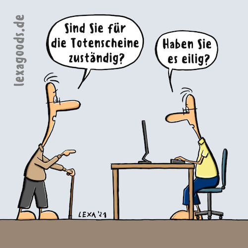 Cartoon: lexatoon Totenschein (medium) by lexatoons tagged lexatoon,für,totenschein,zuständig,rentner,senioren,sterben,tod,eilig,amt,beamter,behörde,lexatoon,für,totenschein,zuständig,rentner,senioren,sterben,tod,eilig,amt,beamter,behörde