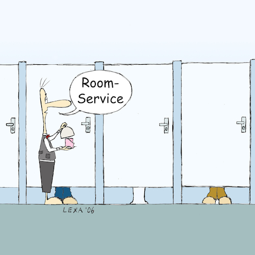 Cartoon: lexatoon Roomservice (medium) by lexatoons tagged lexatoon,roomservice,wc,toilette,toilettenfrau,butler,papier,service,toilettenpapier