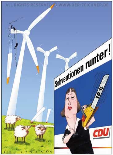 Cartoon: Zeit für Taten (medium) by wwwder-Zeichnerde tagged angela,merkel,immisionshandel,klima,erwärmung,global,warming,windkraft,plakat,leistner,subventionen,subventionspolitik,