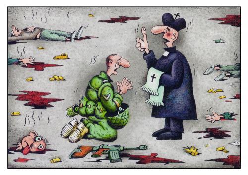 Cartoon: krig (medium) by kurtu tagged no,,krieg,soldat,militär,mord,tod,blut,waffe,vergebung,gott,papst,priester,kirche,religion,sünde,beten,beichten,gnade,flehen,weinen