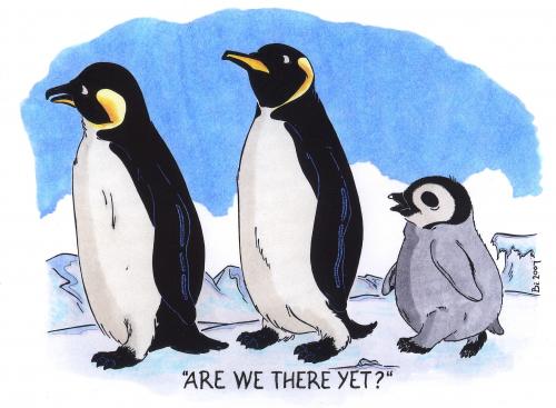 Cartoon: Are we there yet? (medium) by Penguin_guy tagged penguins,pinguine,pets,tiere,animals,familie,family,travel,reisen,thomas,baehr,pinguine,tiere,vögel,natur,seetaucher,lernen,taucher,meer,kalt,antarktis,familie,eltern,kind,vater,mutter,ungeduld,reisen,verreisen,urlaub,wandern,laufen,marschieren,gehen,ziel,weg,ungeduldig,kindheit,geduld