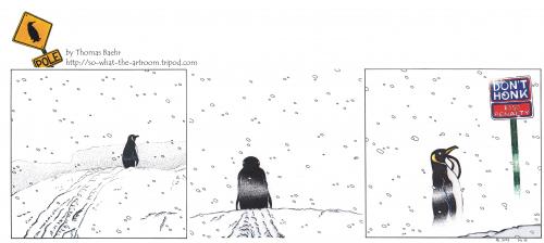 Cartoon: POLE_No.26 (medium) by Penguin_guy tagged penguins,pinguine,nebel,fog,dont,honk,pinguine,tiere,vögel,seetaucher,taucher,meer,kalt,gefieder,federn,eis,antarktis,kälte,schnee,nebel,hupen,verbote,schilder,verkehr,laufen,wanderschaft,alleine