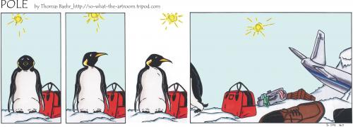 Cartoon: POLE Strip No.5 (medium) by Penguin_guy tagged penguins,pinguine,pets,tiere,flugzeug,plane,crash,pinguine,tiere,vögel,technik,technologie,natur,seetaucher,taucher,meer,kalt,gefieder,federn,eis,antarktis,kälte,koffer,flugzeug,absturz,unfall,landung