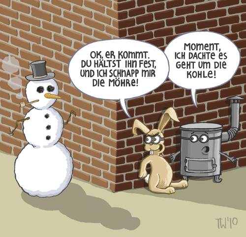 Cartoon: ... (medium) by Tobias Wieland tagged überfall,mauer,backstein,winter,karotte,möhre,ofen,hase,snowman,schneemann,schneemann,winter,mauer,überfall,möhre,karotte,ofen,hase,raub,räuber,kriminalität