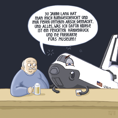 Cartoon: Das wars! (medium) by Tobias Wieland tagged nasa,space,shuttle,weltraum,letzter,flug,all,iss,museum,tresen,kneipe,arbeitslos,ausgemustert,ende,nasa,weltraum,flug,museum,tresen,kneipe,ausgemustert