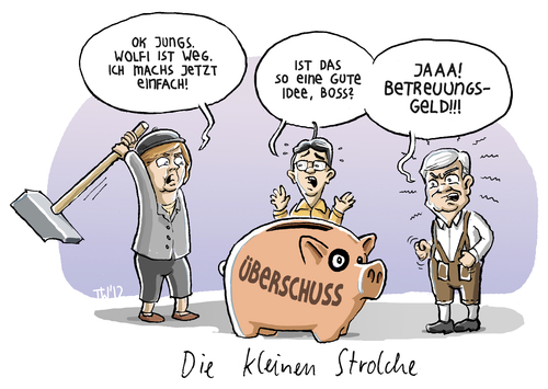 Cartoon: Die kleine Strolchkoalition (medium) by Tobias Wieland tagged minister,finanzminister,überschuss,steuer,schäble,strolche,karikatur,kuhhandel,herdprämie,betreuungsgeld,praxisgebühr,wahlgeschenke,rösler,merkel,seehofer,fdp,csu,cdu,koalitionsgipfel,koalition,koalition,koalitionsgipfel,cdu,csu,fdp,seehofer,merkel,rösler,wahlgeschenke,praxisgebühr,betreuungsgeld,herdprämie,kuhhandel,karikatur,strolche,schäble,steuer,überschuss,finanzminister,minister