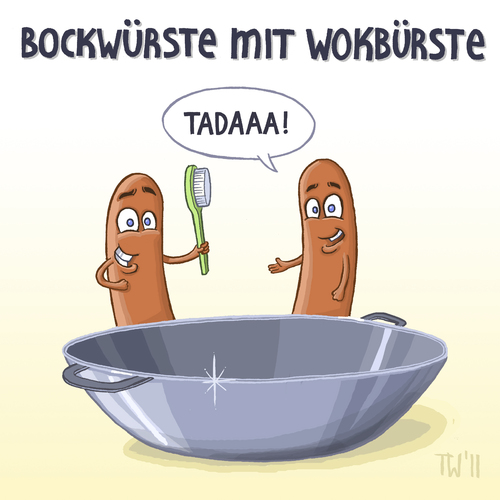 Cartoon: Neues aus der Wortspielfabrik (medium) by Tobias Wieland tagged wurst,bockwurst,wok,bürste,wort,wortspiel,schüttelreim,wurst,bockwurst,wok,bürste,wort,wortspiel,schüttelreim,fleisch