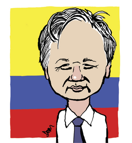 Cartoon: Julian Assange (medium) by Dom Richards tagged wikileaks,caricature,embassy,exile,prisoner