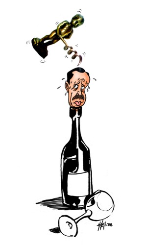 Cartoon: restrictive prime minister (medium) by Hilmi Simsek tagged wine,corkscrew,stopper,cork,erdogan,tayyip,recep,goblet,sarap,kadeh,tirbuson,ucube,heykel,sculpture,hilmi,simsek,cartoon,caricature,karikatur