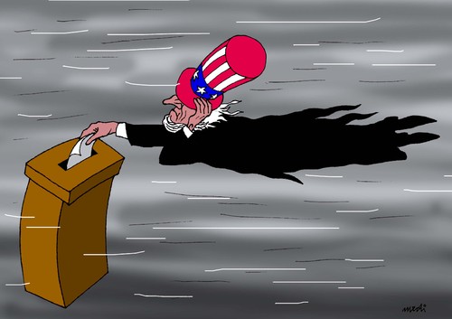 Cartoon: elections and hurricane (medium) by Medi Belortaja tagged elections,president,presidential,obama,romney,usa,hurricane,sandy,uncle,sam
