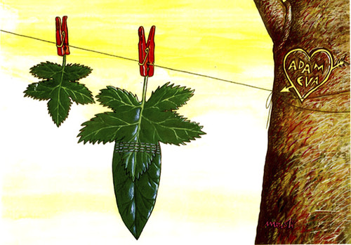 Cartoon: Adam  Eve (medium) by Medi Belortaja tagged drying,drawers,leaves,leaf,eve,adam