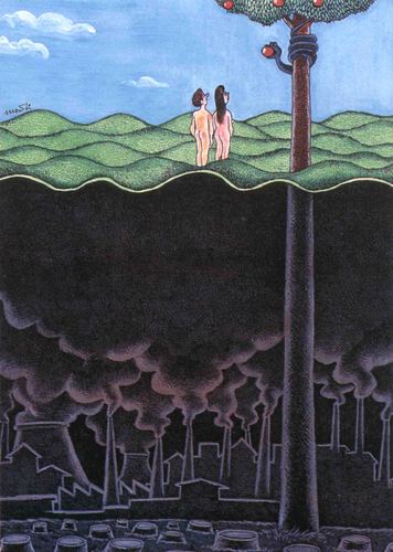 Cartoon: Eva and Adam (medium) by Medi Belortaja tagged nature,adam,eva,ecological,environment,pollution,smoke