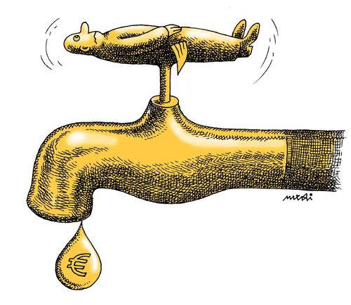 Cartoon: financial crisiss (medium) by Medi Belortaja tagged poor,poverty,tap,crisis,financial,man,euro,drop