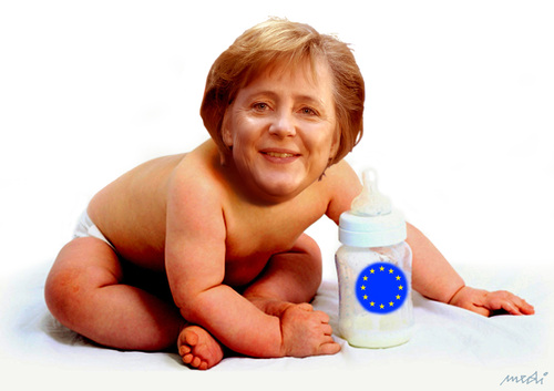 Cartoon: happy merkel (medium) by Medi Belortaja tagged food,milk,biberon,flag,europe,eu,baby,angela,merkel,happy