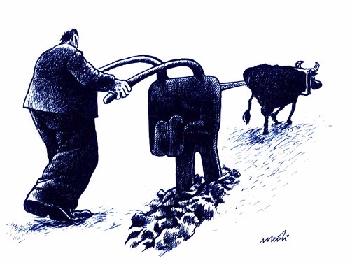 Cartoon: job and politics (medium) by Medi Belortaja tagged politics,victory,job,plowing