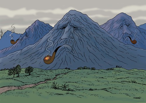 Cartoon: mountains with pipe (medium) by Medi Belortaja tagged humor,grandfadhers,faces,smoking,smoke,men,man,pipes,pipe,mountains