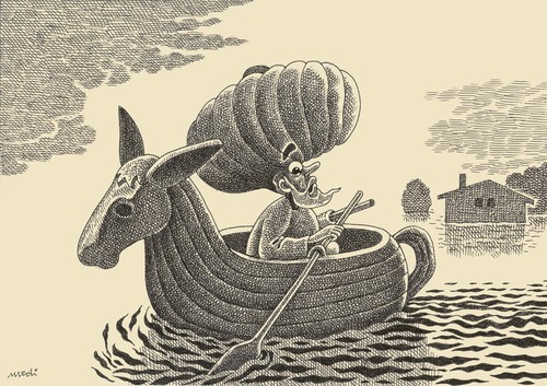 Cartoon: Nasreddin in flood (medium) by Medi Belortaja tagged boat,ass,flooding,hodja,nasreddin