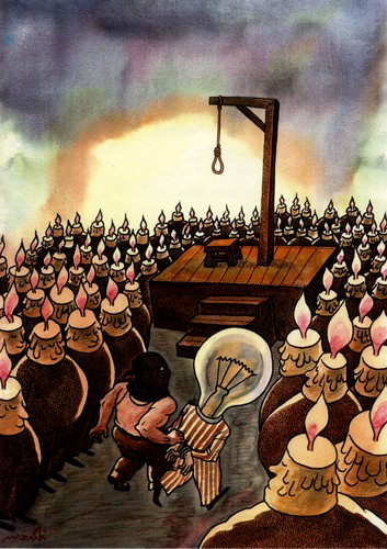 Cartoon: candles and bulb (medium) by Medi Belortaja tagged death,hanging,light,bulb,candle,lamp,idea