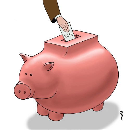 Cartoon: pigs ballot box (medium) by Medi Belortaja tagged pig,pigs,ballot,box,savings,elections,manipulation,corrupted,corruption,vote,politicians