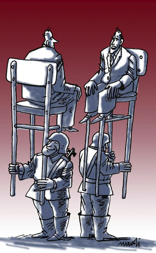 Cartoon: talks continuing (medium) by Medi Belortaja tagged politicians,military,soldiers,peace,war,negotiation,talks