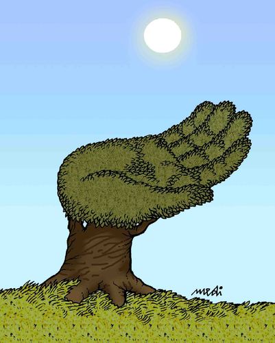 Cartoon: the tree and the sun (medium) by Medi Belortaja tagged water,hand,sun,tree,beggary,the