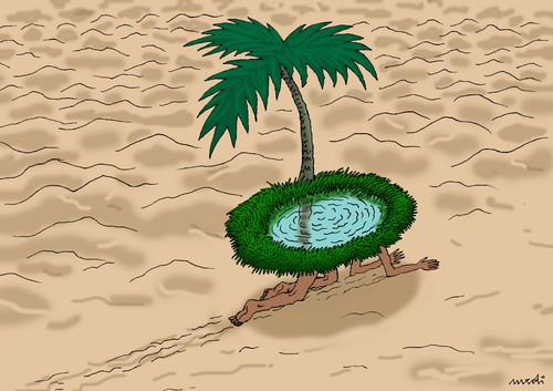 Cartoon: thirsty (medium) by Medi Belortaja tagged desert,suffering,crawl,mirage,man,oasis,water,eager,thirst,thirsty