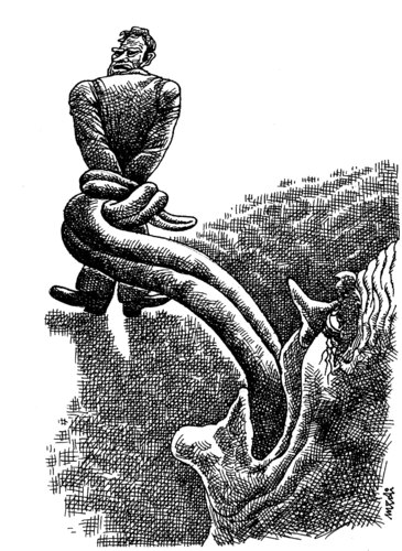 Cartoon: the schemer (medium) by Medi Belortaja tagged tongue,schemer,rope,snake,cuff,intrigue,slander
