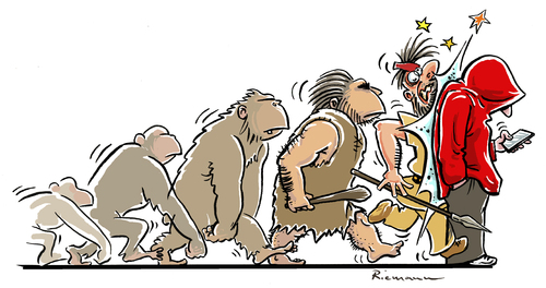 Cartoon: Devolution (medium) by Riemann tagged zukunft,entwicklung,riemann,george,cell,phone,smart,handy,computer,affen,mensch,moderner,gesellschaft,geschichte,man,modern,apes,monkeys,development,society,future,neanderthals,humans,history,evolution,evolution,history,humans,neanderthals,future,society,development,monkeys,apes,modern,man,geschichte,gesellschaft,moderner,mensch,affen,computer,handy,smart,phone,cell,george,riemann,entwicklung,zukunft