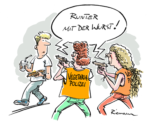 Cartoon: Vegetaria (medium) by Riemann tagged vegetarier,scharia,polizei,religion,sekten,minderheiten,ordnungshueter,glauben,bratwurst,cartoon,george,riemann,vegetarier,scharia,polizei,religion,sekten,minderheiten,ordnungshueter,glauben,bratwurst,cartoon,george,riemann