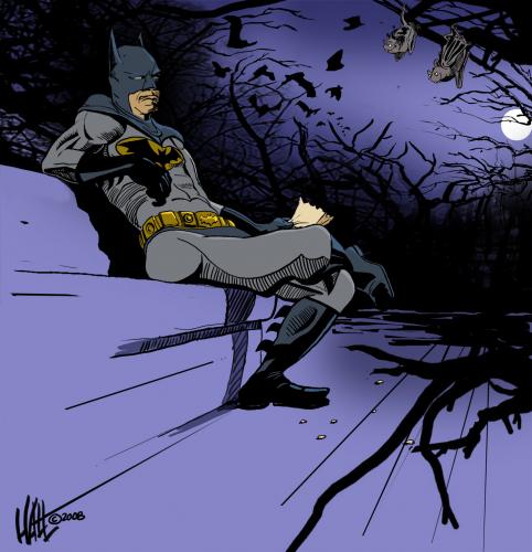 Cartoon: Batman in the park with his buds (medium) by halltoons tagged batman,bats,comic,graphic,noir