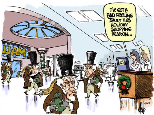 Cartoon: Scrooged (medium) by halltoons tagged scrooge,christmas,sales,malls,retail