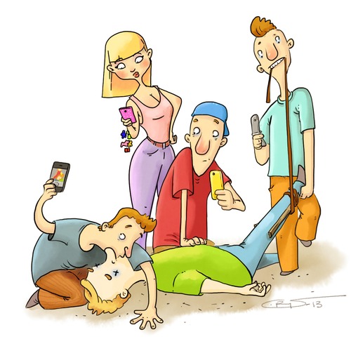 Cartoon: first aid (medium) by sfepa tagged phone,aid,beholder,photo,accident