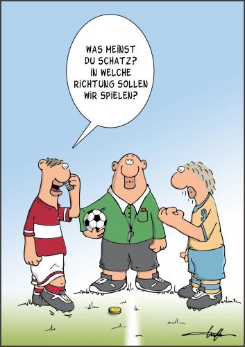 Cartoon: Anstoss (medium) by luftzone tagged cartoon,frau,mann,fußball,fußballer,schiedsrichter,rasen,spieler,spiel,fußball,sportler,fußballspiel,mannschaft,gegner,schiedsrichter,mittellinie,richtung,spielfeld,telefon,handy,telefonieren,frau,wissen,cliche