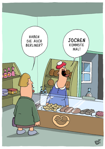 Cartoon: Berliner (medium) by luftzone tagged thomas,luft,cartoon,lustig,berliner,bäcker,konditor,brot,brötchen,kuchen,torte,verkäuferin,thomas,luft,cartoon,lustig,berliner,bäcker,konditor,brot,brötchen,kuchen,torte,verkäuferin