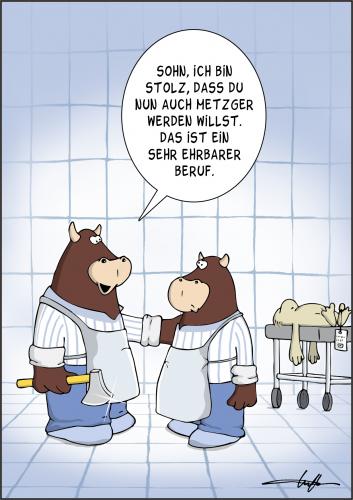 Cartoon: Berufswahl (medium) by luftzone tagged cartoon,ochse,bulle,stier,schlachter,metzger,fleischer,beil,metzger,fleischer,fleisch,bulle,stier,berufswahl,ochse,familie,sohn,vater,schlachter,schlachten,schlachtbank,stolz,beruf,arbeit,zukunft