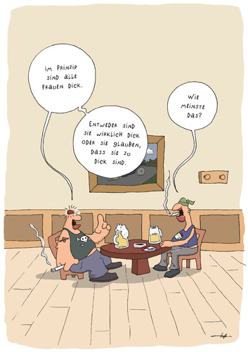 Cartoon: Selbstwahrnehmung (medium) by luftzone tagged selbstwahrnehmung,dick,fett,rocker,kneipe,rauchen,frauen,selbstwahrnehmung,dick,fett,rocker,kneipe,rauchen,frauen