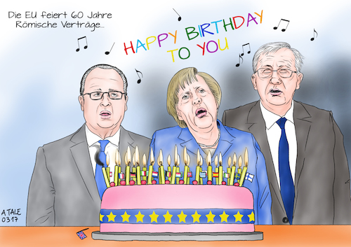 Cartoon: 60 Jahre EU (medium) by Ago tagged europa,europaeische,union,eu,60,sechzig,jahre,roemische,vertraege,rom,1957,wirtschafts,und,montanunion,beginn,anfang,deutschland,italien,frankreich,benelux,staaten,zusammenarbeit,frieden,feier,angela,merkel,francois,hollande,jean,claude,juncker,praesident,kommission,gegenwart,krise,konflikte,kleinstaaterei,egoismus,grossbritannien,london,austritt,brexit,torte,geburtstag,kerzen,flaggen,politik,karikatur,cartoon,illustration,tale,agostino,natale,europa,europaeische,union,eu,60,sechzig,jahre,roemische,vertraege,rom,1957,wirtschafts,und,montanunion,beginn,anfang,deutschland,italien,frankreich,benelux,staaten,zusammenarbeit,frieden,feier,angela,merkel,francois,hollande,jean,claude,juncker,praesident,kommission,gegenwart,krise,konflikte,kleinstaaterei,egoismus,grossbritannien,london,austritt,brexit,torte,geburtstag,kerzen,flaggen,politik,karikatur,cartoon,illustration,tale,agostino,natale