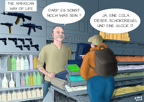 Cartoon: American way of life (medium) by Ago tagged usa,amerika,amoklaeufe,schule,florida,tote,feuerwaffen,laxe,waffengesetze,waffenlobby,nra,einfacher,waffenkauf,schutz,nation,gespalten,trump,republikaner,gegen,verschaerfung,politik,karikatur,cartoon,pressezeichnung,illustration,tale,agostino,natale,usa,amerika,amoklaeufe,schule,florida,tote,feuerwaffen,laxe,waffengesetze,waffenlobby,nra,einfacher,waffenkauf,schutz,nation,gespalten,trump,republikaner,gegen,verschaerfung,politik,karikatur,cartoon,pressezeichnung,illustration,tale,agostino,natale