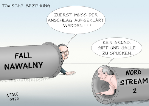 Cartoon: Anschlussschwierigkeiten (medium) by Ago tagged beziehungen,deutschland,russland,giftanschlag,vergiftung,alexej,nawalny,opposition,kritiker,gegner,staatsmacht,autokratie,kreml,wladimir,putin,indizien,verdacht,tatbeteiligung,bundesregierung,außenminister,heiko,maas,druck,forderung,aufklärung,drohung,diskussion,sanktionen,gasprojekt,nord,stream,zwei,außenpolitik,wirtschaft,energie,politik,caricature,karikatur,cartoon,pressezeichnung,illustration,tale,agostino,natale,beziehungen,deutschland,russland,giftanschlag,vergiftung,alexej,nawalny,opposition,kritiker,gegner,staatsmacht,autokratie,kreml,wladimir,putin,indizien,verdacht,tatbeteiligung,bundesregierung,außenminister,heiko,maas,druck,forderung,aufklärung,drohung,diskussion,sanktionen,gasprojekt,nord,stream,zwei,außenpolitik,wirtschaft,energie,politik,caricature,karikatur,cartoon,pressezeichnung,illustration,tale,agostino,natale