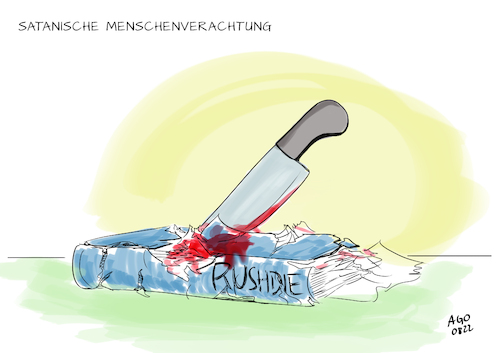 Cartoon: Attentat auf Salman Rushdie (medium) by Ago tagged salman,rushdie,autor,schriftsteller,werk,buch,satanische,verse,attentat,messerangriff,schwer,verletzt,fatwa,ayatollah,iran,aufforderung,tötung,verblendung,hass,intoleranz,fundamentalismus,missbrauch,religion,caricature,karikatur,cartoon,pressezeichnung,illustration,ago,agostino,natale,salman,rushdie,autor,schriftsteller,werk,buch,satanische,verse,attentat,messerangriff,schwer,verletzt,fatwa,ayatollah,iran,aufforderung,tötung,verblendung,hass,intoleranz,fundamentalismus,missbrauch,religion,caricature,karikatur,cartoon,pressezeichnung,illustration,ago,agostino,natale