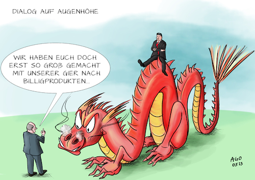 Cartoon: Auf Augenhöhe (medium) by Ago tagged g7,gipfel,japan,bundeskanzler,scholz,interview,dialog,kooperation,wirtschaftsstarke,demokratien,westen,aufstrebende,länder,asien,zukunft,partnerschaft,dilemma,china,autokratie,verletzung,menschenrechte,abhängigkeit,handel,wirtschaft,großmacht,chinesischer,drache,augenhöhe,politik,caricature,karikatur,cartoon,pressezeichnung,illustration,ago,agostino,natale,g7,gipfel,japan,bundeskanzler,scholz,interview,dialog,kooperation,wirtschaftsstarke,demokratien,westen,aufstrebende,länder,asien,zukunft,partnerschaft,dilemma,china,autokratie,verletzung,menschenrechte,abhängigkeit,handel,wirtschaft,großmacht,chinesischer,drache,augenhöhe,politik,caricature,karikatur,cartoon,pressezeichnung,illustration,ago,agostino,natale