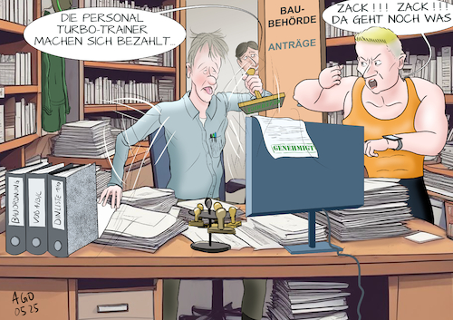 Cartoon: Bau Turbo (medium) by Ago tagged bundesregierung,cdu,spd,bauministerin,hubertz,interview,ankündigung,bau,turbo,pakt,beschleunigung,genehmigungen,wohnungsbau,unterversorgung,hohe,mieten,wohnungsnot,bezahlbarer,wohnraum,immobilienmarkt,baurecht,gesetze,bürokratie,langwierige,verfahren,bearbeitungszeiten,rechtsweg,trainer,büro,stempel,politik,karikatur,cartoon,pressezeichnung,illustration,ago,agostino,natale,bundesregierung,cdu,spd,bauministerin,hubertz,interview,ankündigung,bau,turbo,pakt,beschleunigung,genehmigungen,wohnungsbau,unterversorgung,hohe,mieten,wohnungsnot,bezahlbarer,wohnraum,immobilienmarkt,baurecht,gesetze,bürokratie,langwierige,verfahren,bearbeitungszeiten,rechtsweg,trainer,büro,stempel,politik,karikatur,cartoon,pressezeichnung,illustration,ago,agostino,natale