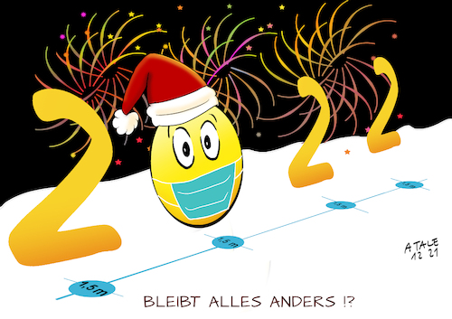 Cartoon: Covid - äh - Prosit Neujahr! (medium) by Ago tagged corona,virus,covid,neunzehn,pandemie,vierte,welle,hohe,inzidenzen,steigende,auslastung,intensivstationen,neue,mutation,omikron,neujahr,jahreswechsel,silvester,aussichten,hoffnung,skepsis,abstand,halten,schutzmaske,änderung,eindämmung,endemische,lage,rückkehr,normalität,2022,politik,caricature,karikatur,cartoon,pressezeichnung,illustration,tale,agostino,natale,corona,virus,covid,neunzehn,pandemie,vierte,welle,hohe,inzidenzen,steigende,auslastung,intensivstationen,neue,mutation,omikron,neujahr,jahreswechsel,silvester,aussichten,hoffnung,skepsis,abstand,halten,schutzmaske,änderung,eindämmung,endemische,lage,rückkehr,normalität,2022,politik,caricature,karikatur,cartoon,pressezeichnung,illustration,tale,agostino,natale