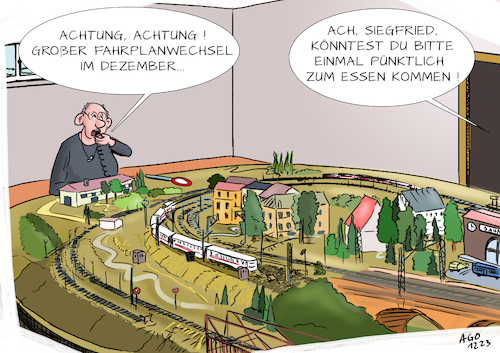 Cartoon: DB Fahrplanwechsel (medium) by Ago tagged db,deutsche,bahn,züge,eisenbahn,ice,fahrplanwechsel,dezember,preiserhöhungen,neue,angebote,alte,probleme,pünktlichkeit,ausfälle,verspätungen,zuverlässigkeit,marodes,netz,region,schlechte,anbindung,modelleisenbahn,eheleute,mittagessen,hobby,spiel,wirtschaft,politik,caricature,karikatur,cartoon,pressezeichnung,illustration,ago,agostino,natale,db,deutsche,bahn,züge,eisenbahn,ice,fahrplanwechsel,dezember,preiserhöhungen,neue,angebote,alte,probleme,pünktlichkeit,ausfälle,verspätungen,zuverlässigkeit,marodes,netz,region,schlechte,anbindung,modelleisenbahn,eheleute,mittagessen,hobby,spiel,wirtschaft,politik,caricature,karikatur,cartoon,pressezeichnung,illustration,ago,agostino,natale