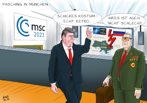 Cartoon: Echt retro (medium) by Ago tagged msc,münchen,sicherheitskonferenz,siko,russland,präsident,wladimir,putin,ukraine,krise,angriffskrieg,annektierung,kriegsgebiete,konflikt,europa,nato,westen,reaktionen,sanktionen,waffenlieferungen,rückkehr,kalter,krieg,retro,reagan,breschnew,sowjetunion,fasching,maske,verkleidung,politik,caricature,karikatur,cartoon,pressezeichnung,illustration,ago,agostino,natale,msc,münchen,sicherheitskonferenz,siko,russland,präsident,wladimir,putin,ukraine,krise,angriffskrieg,annektierung,kriegsgebiete,konflikt,europa,nato,westen,reaktionen,sanktionen,waffenlieferungen,rückkehr,kalter,krieg,retro,reagan,breschnew,sowjetunion,fasching,maske,verkleidung,politik,caricature,karikatur,cartoon,pressezeichnung,illustration,ago,agostino,natale