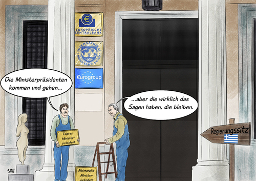 Cartoon: Ein Kommen und Gehen (medium) by Ago tagged griechenland,parlamentswahl,2015,kopf,an,umfragen,linksbündnis,syriza,konservative,nea,dimokratia,alexis,tsipras,evangelos,meimarakis,wahl,ministerpräsident,verschuldung,finanzkrise,rettungspaket,auflagen,sparprogramm,zwang,eu,iwf,europa,politik,karikatur,cartoon,griechenland,parlamentswahl,2015,kopf,an,umfragen,linksbündnis,syriza,konservative,nea,dimokratia,alexis,tsipras,evangelos,meimarakis,wahl,ministerpräsident,verschuldung,finanzkrise,rettungspaket,auflagen,sparprogramm,zwang,eu,iwf,europa,politik,karikatur,cartoon