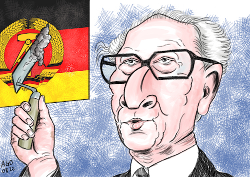 Cartoon: Erich Honecker (medium) by Ago tagged erich,honecker,ddr,politiker,generalsekretär,zk,sed,präsident,staatsrat,organisator,bau,berliner,mauer,schießbefehl,jahrestag,geburt,kelle,flagge,symbol,karikatur,caricature,gesicht,porträt,bild,cartoon,pressezeichnung,illustration,ago,agostino,natale,erich,honecker,ddr,politiker,generalsekretär,zk,sed,präsident,staatsrat,organisator,bau,berliner,mauer,schießbefehl,jahrestag,geburt,kelle,flagge,symbol,karikatur,caricature,gesicht,porträt,bild,cartoon,pressezeichnung,illustration,ago,agostino,natale